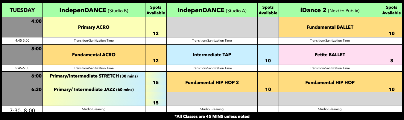 Fall & Spring Class Schedule – IndepenDANCE Studio