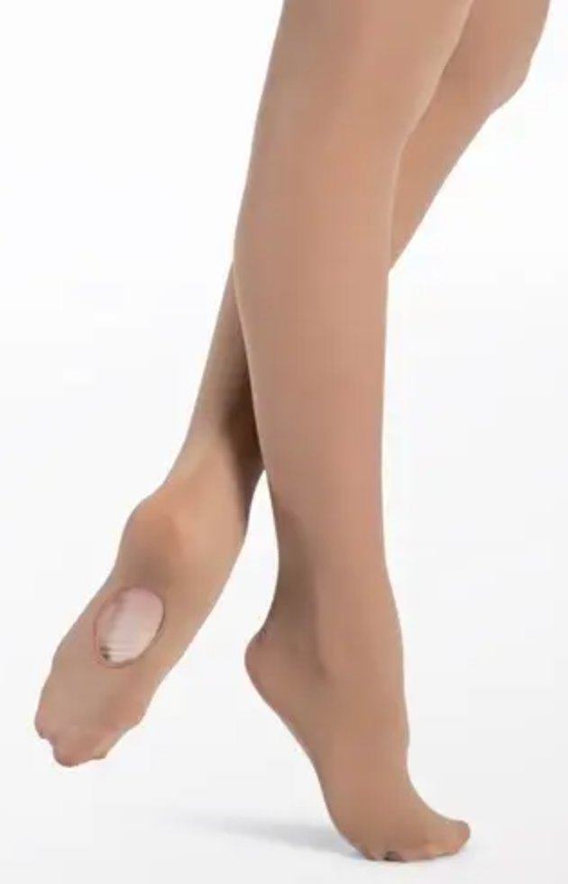 Photographic image of a dancer's legs wearing light tan convertible ballet tights with an open heel revealing a foot pad on a clean white background