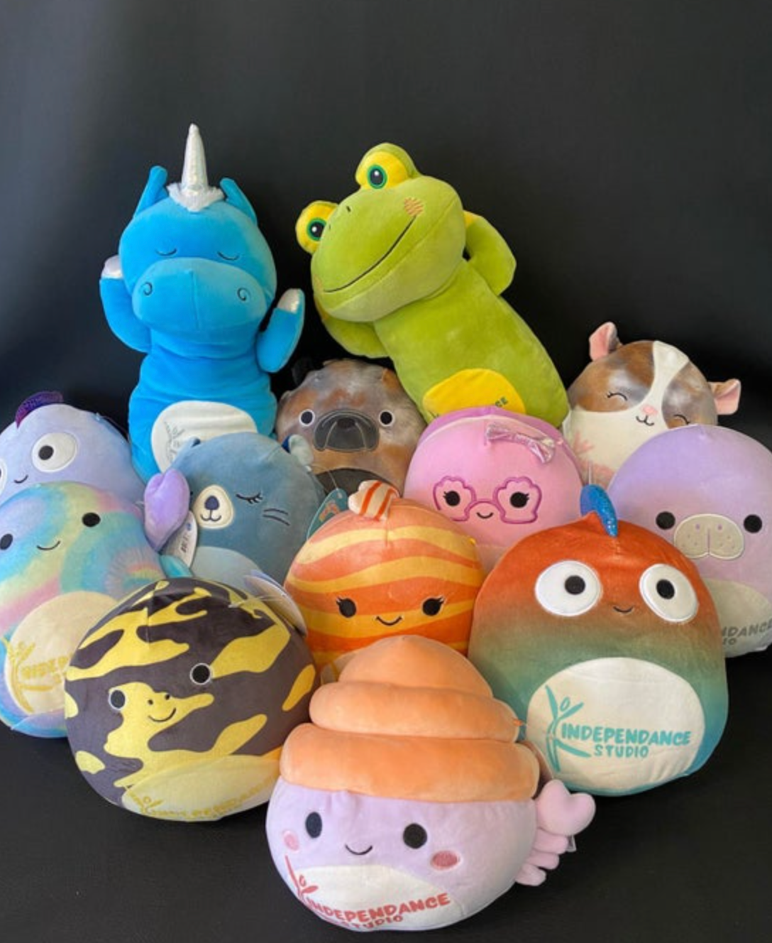 A diverse collection of colorful Squishmallow plush toys featuring a prominent blue unicorn and a bright green frog, alongside spotted and striped designs, with some displaying the Independence Studio logo