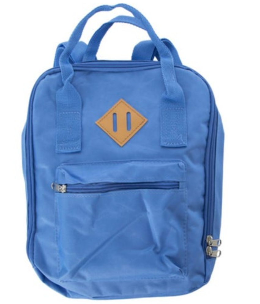 A cerulean blue fabric backpack on a white background featuring top grab handles a front zippered pocket and a tan diamond patch with two vertical slits
