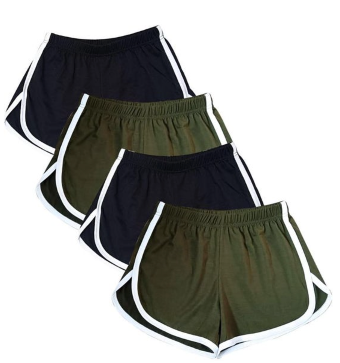 Product photography of four pairs of athletic shorts two in black and two in olive green featuring white curved piping on the dolphin hems and elastic waistbands stacked diagonally