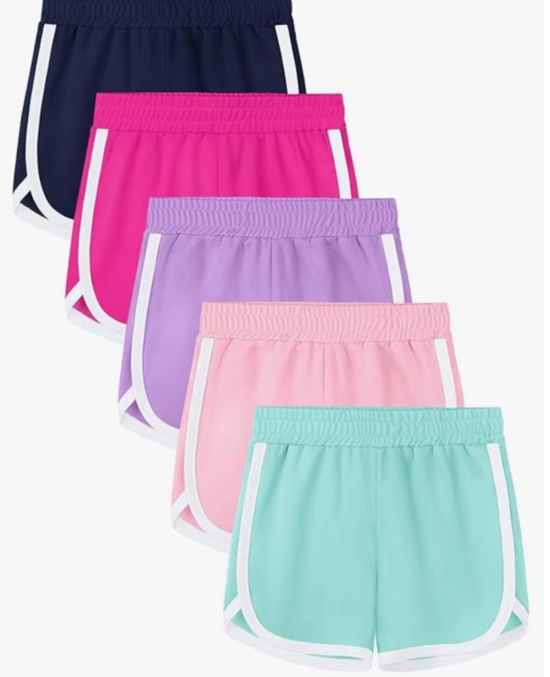 Five colorful athletic shorts in navy hot pink lavender light pink and mint green stacked diagonally with white curved trim and elastic waistbands