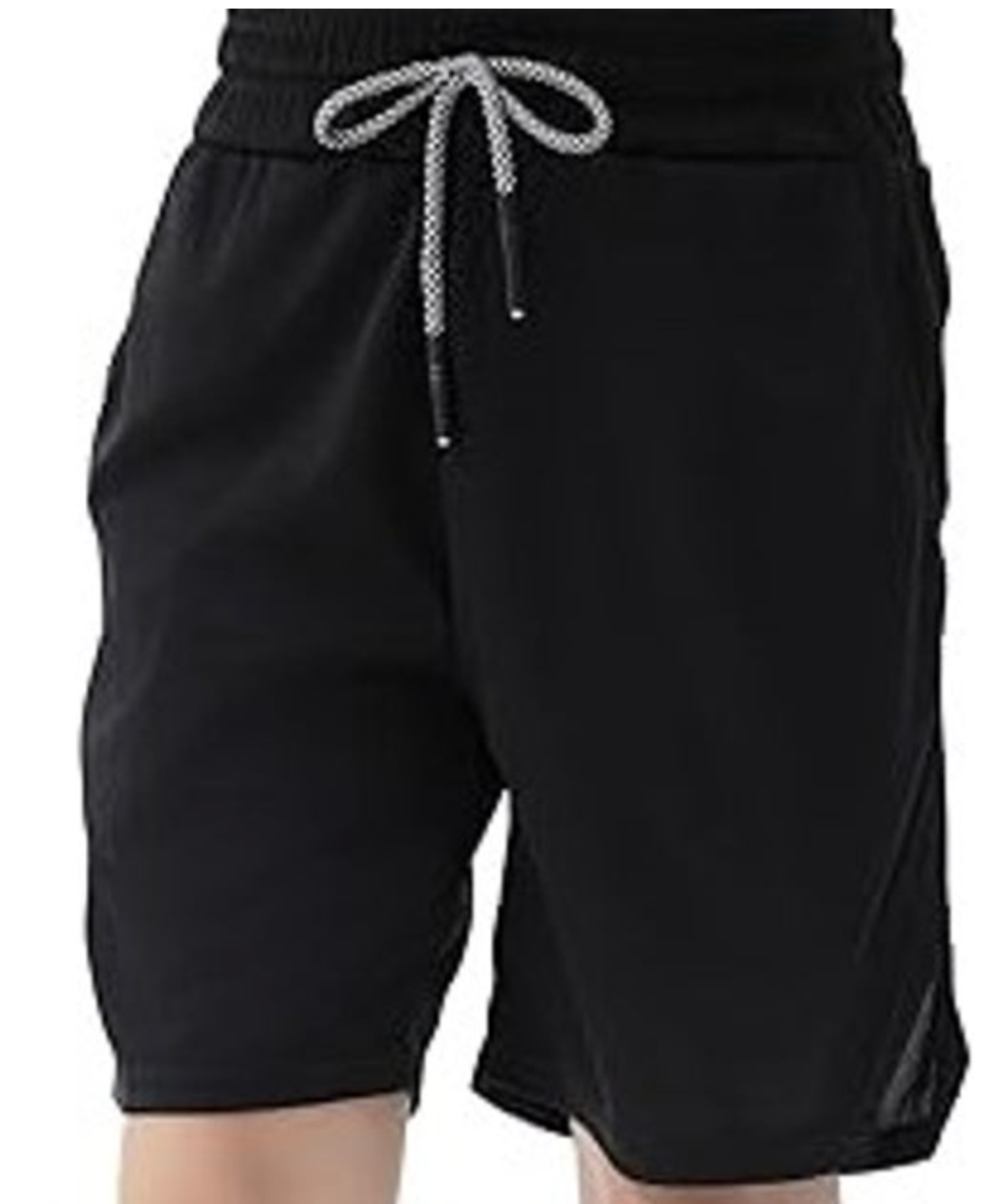 A pair of black athletic shorts with a white and black checkered drawstring tied in a bow featuring silver aglets and subtle side slits at the hem
