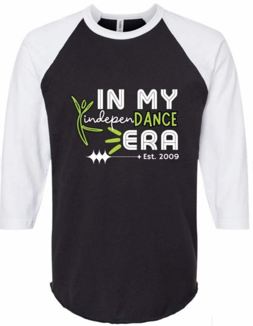 Black and white raglan t-shirt featuring a graphic design with the white text IN MY, lime green DANCE, white ERA, and white Est 2009, accompanied by a lime green dancer silhouette and small white decorative elements