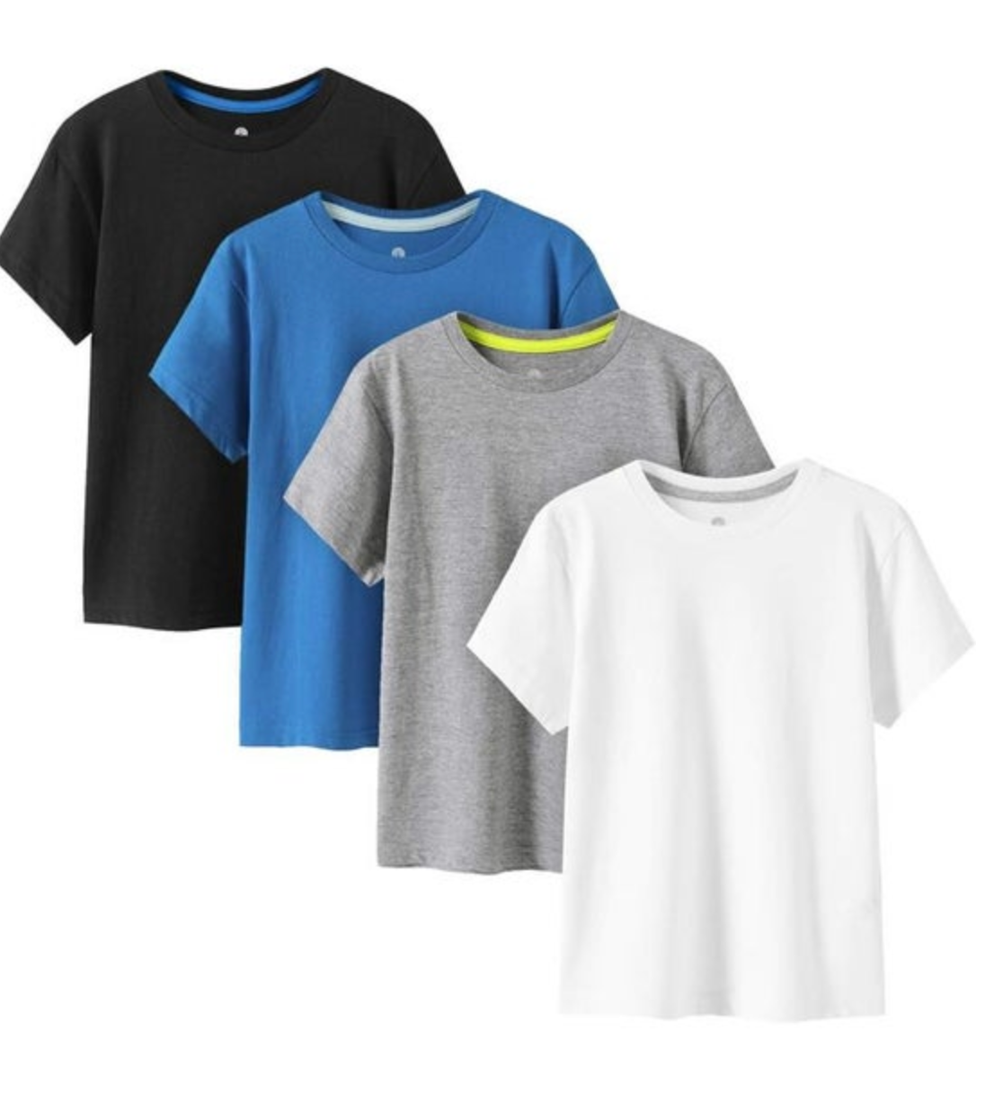 Digital Photograph of four short-sleeved crewneck t-shirts diagonally displayed in black, royal blue, heather grey, and white, each with a subtle contrasting inner neck band