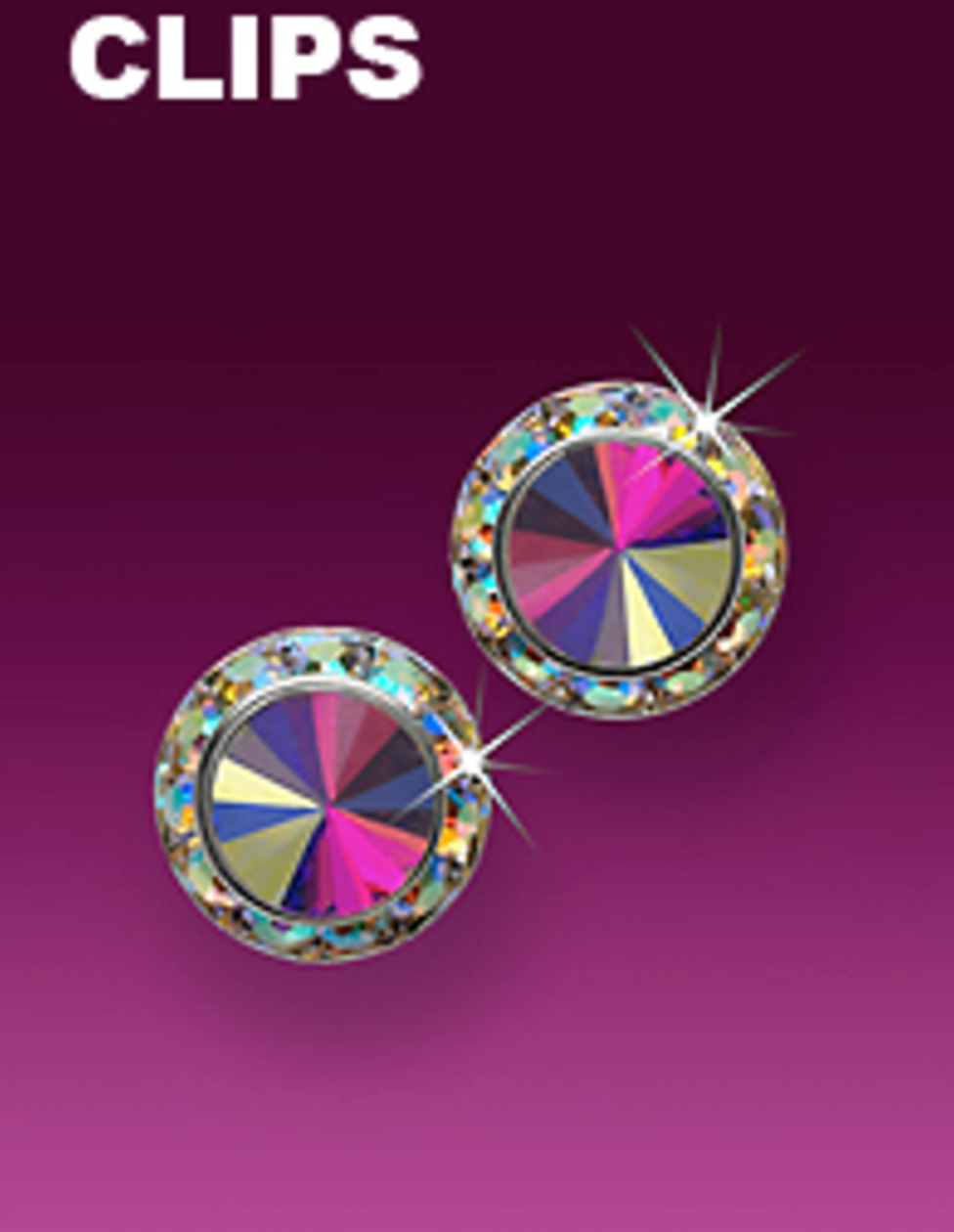 Digital graphic of two dazzling multi-color crystal clips featuring rainbow pinwheel centers and sparkling gem-studded edges on a vibrant purple background