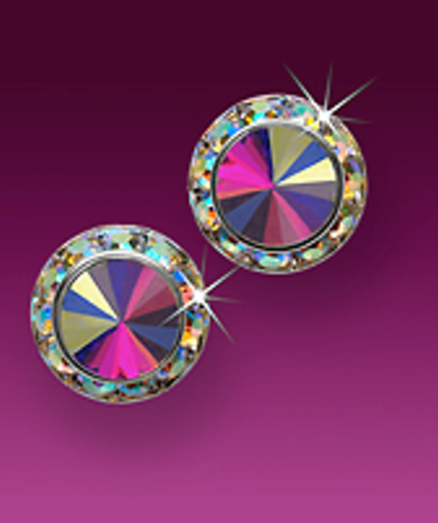 Two glittering round crystals feature rainbow-faceted centers, ringed by smaller clear stones, sparkling against a vibrant purple backdrop