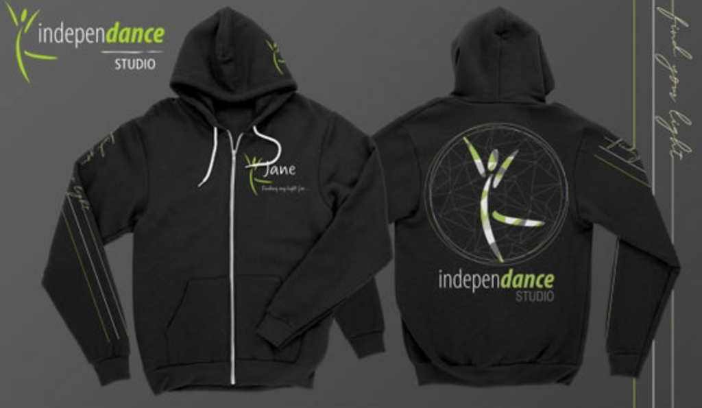 Digital render of a black full-zip hooded sweatshirt shown front and back featuring a lime green and white independance STUDIO logo a Jane finding my light signature on the front and a large stylized dancer graphic in a geometric circle on the back