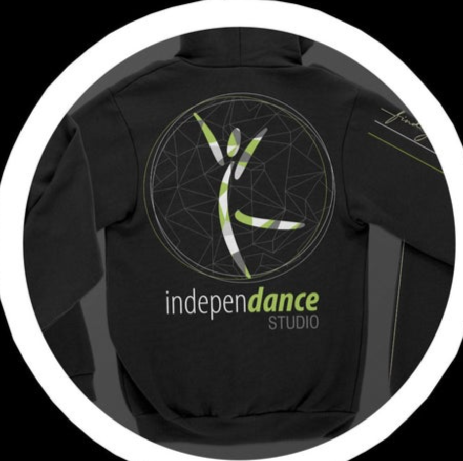 Black hoodie with Independance Studio logo featuring a stylized lime green and gray dancer figure within a geometric circular design and 'find your rhythm' script on the right sleeve
