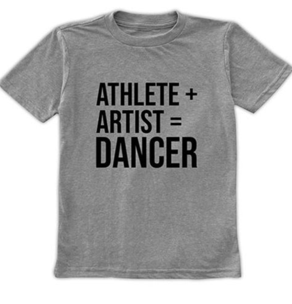Grey short-sleeve crew neck t-shirt displaying the black bold text ATHLETE + ARTIST = DANCER