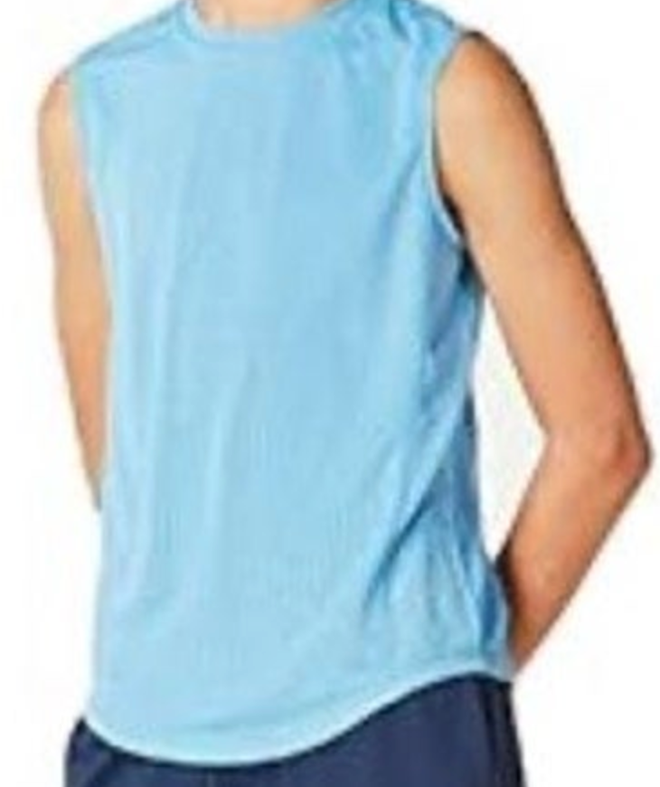 Digital photograph of a person wearing a light blue sleeveless athletic top with a rounded hem and navy blue shorts against a white background