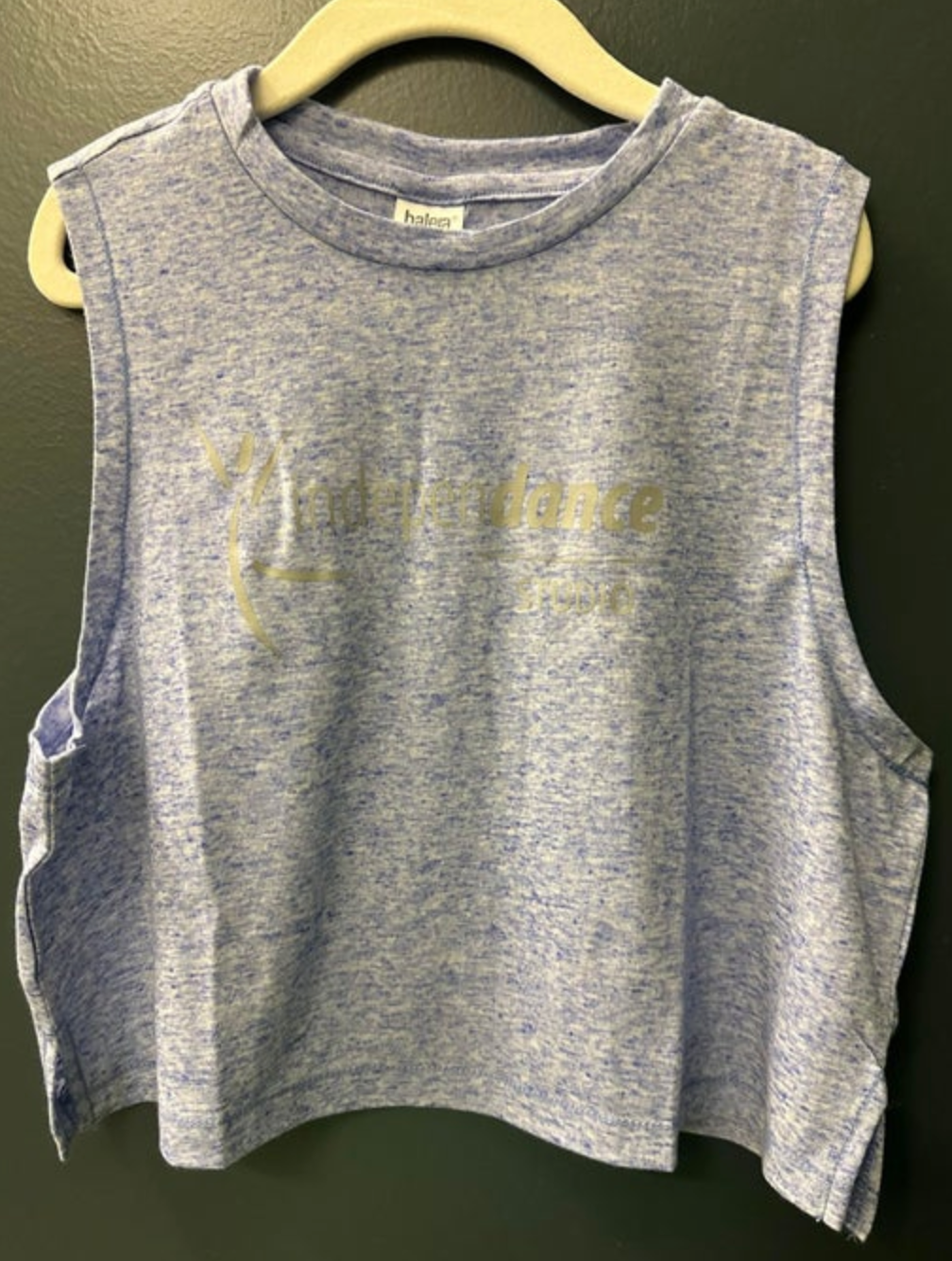 Photograph of a Halea brand medium blue heathered sleeveless crop top hanging on a cream hanger featuring gold metallic text that reads "independence" with a subtle design below