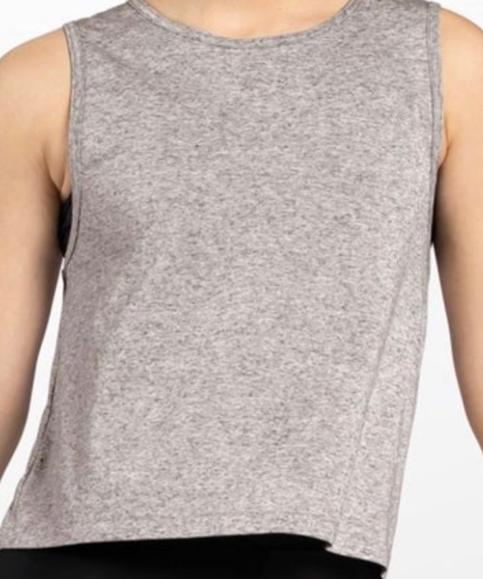 Heathered grey sleeveless tank top with a round neckline and a relaxed fit, showing a visible black bra strap under the left arm