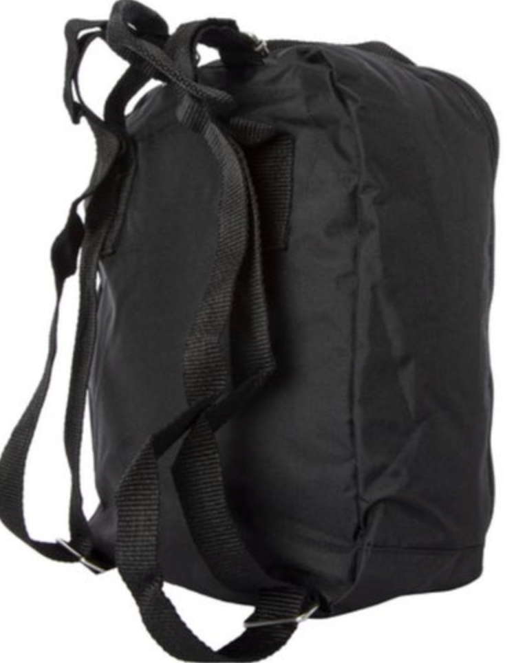 Photograph of a black nylon backpack with adjustable shoulder straps, silver D-rings, and a top grab handle