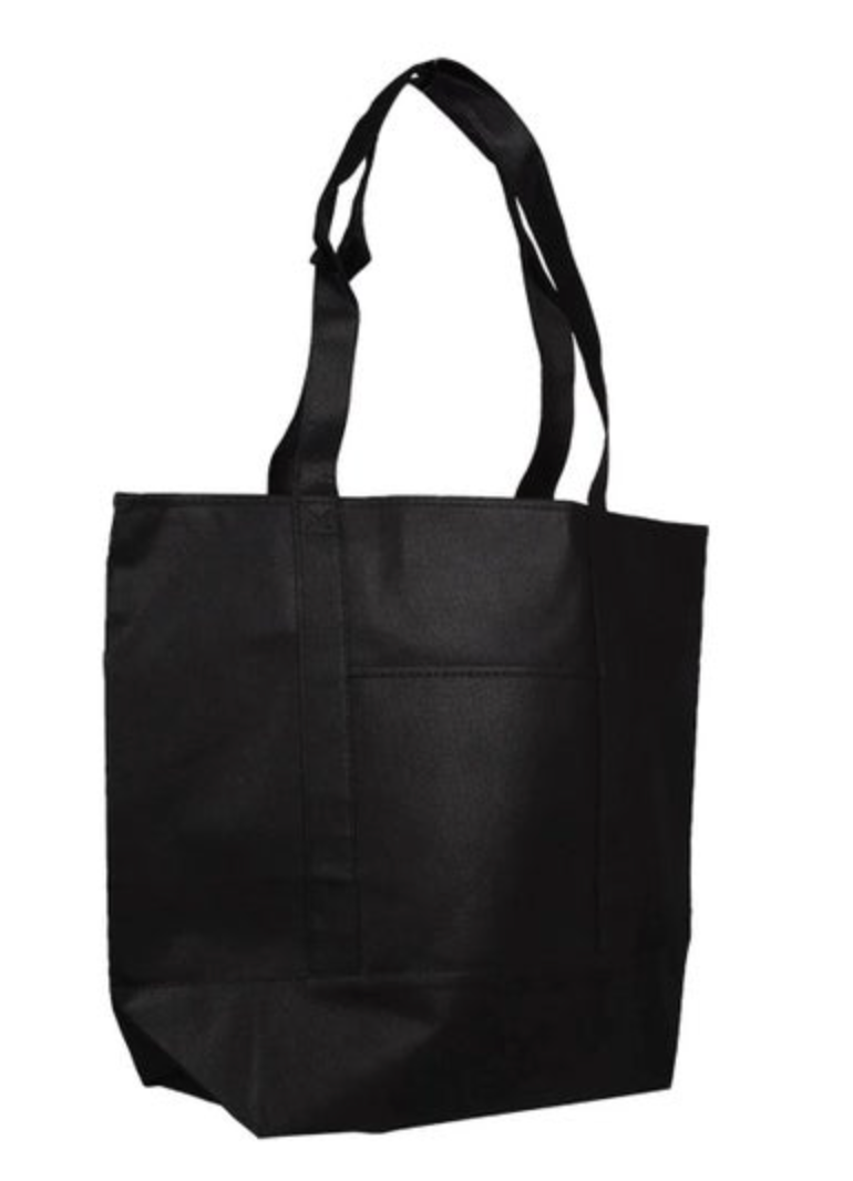 Black non-woven reusable tote bag with two wide handles and an exterior front pocket