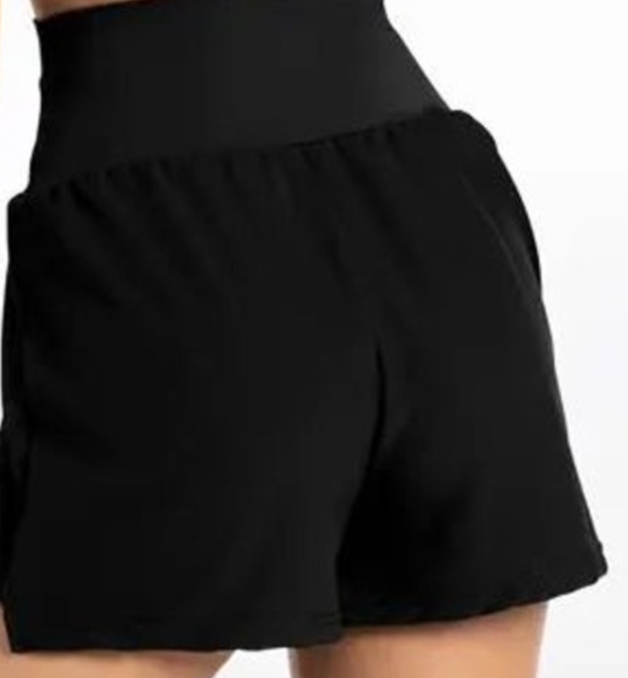 Black high-waisted activewear shorts with a wide elastic band and loose fit