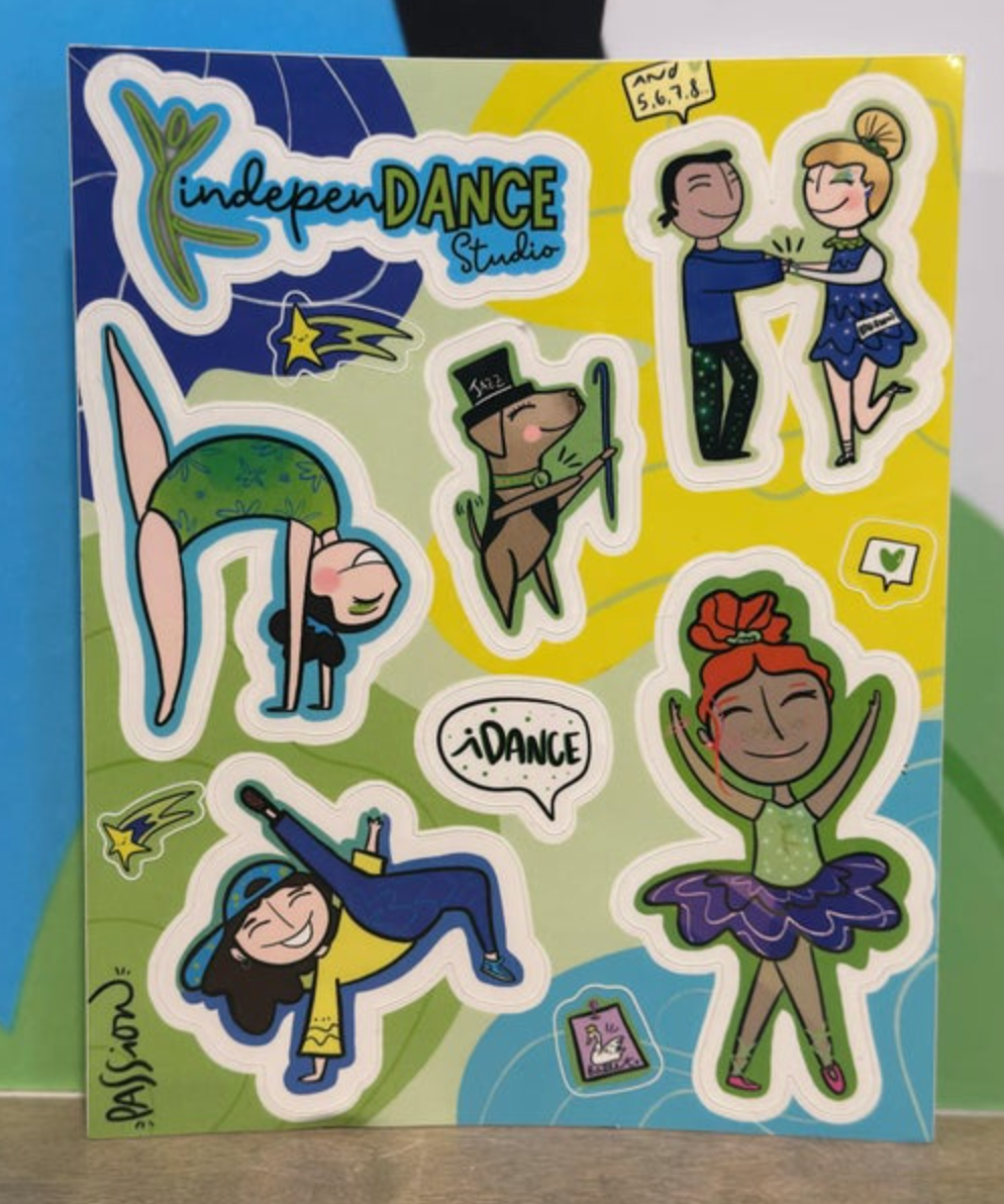 Sheet of cartoon stickers for IndepenDANCE Studio depicting various dance styles including a jazz dog in a top hat, a ballerina with a purple tutu, and a breakdancer in a blue cap on a vibrant blue green and yellow background