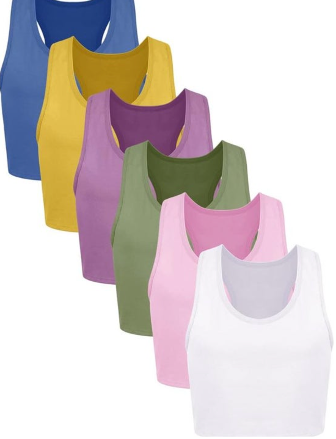 Six women's seamless racerback crop tops displayed diagonally featuring vibrant blue mustard purple olive green pink and white colors isolated on a white background