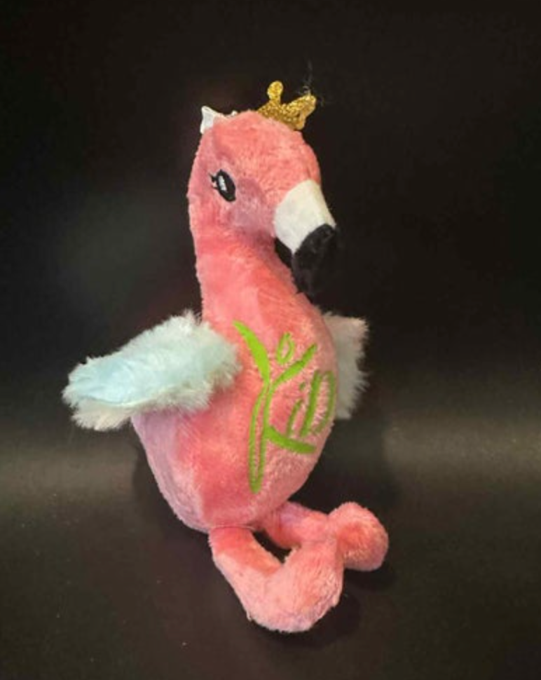 Pink flamingo plush toy on a dark background wearing a gold glitter crown with light blue fuzzy wings and green embroidered Jill text