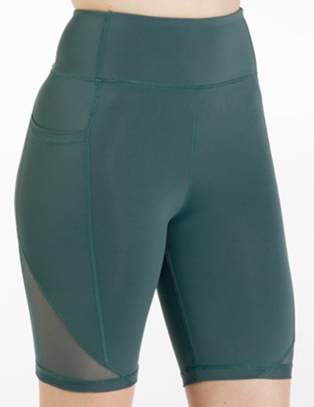 Dark teal high-waisted biker shorts featuring a convenient side pocket and fashionable sheer mesh paneling on the outer lower thigh