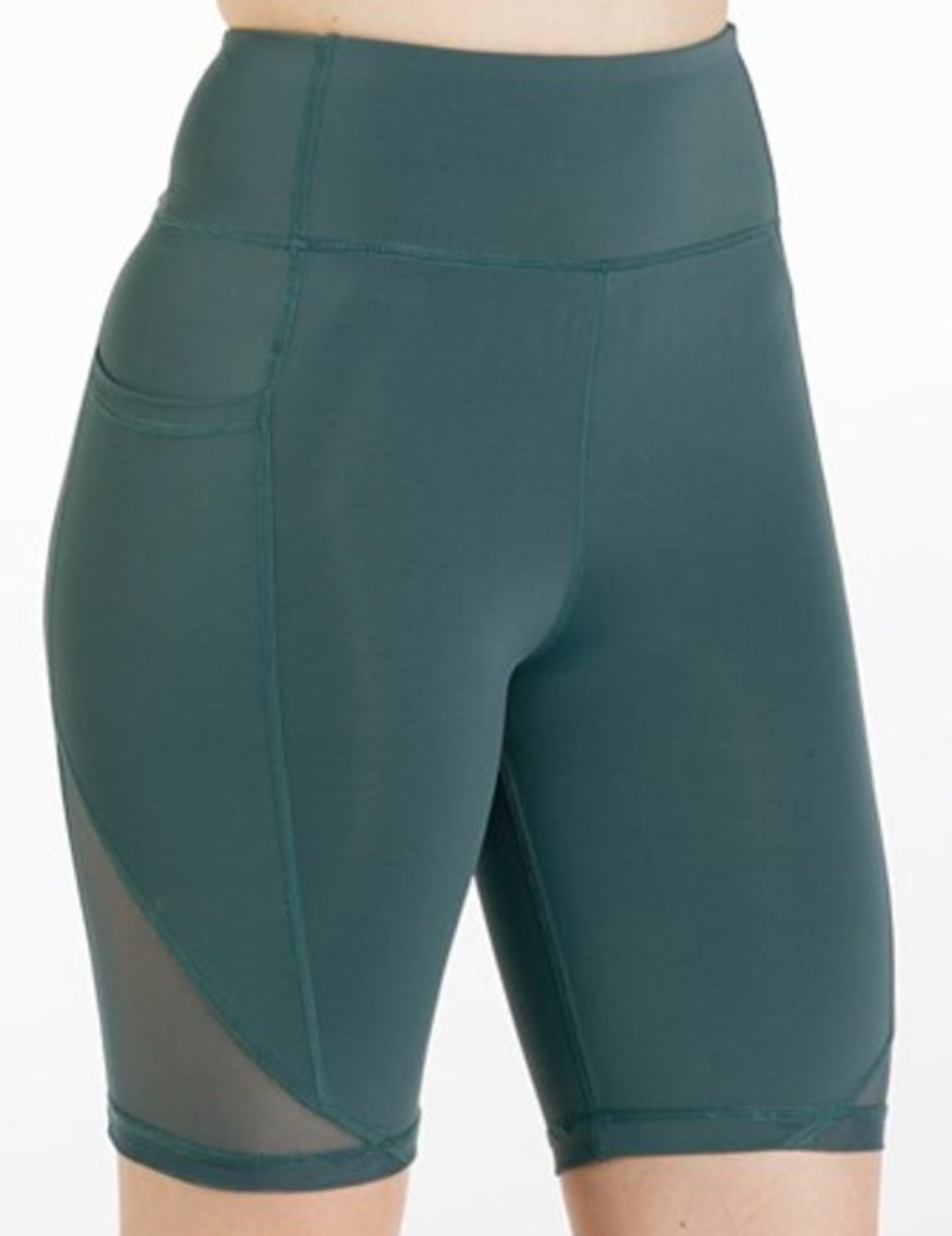Dark teal high-waisted biker shorts featuring a convenient side pocket and fashionable sheer mesh paneling on the outer lower thigh