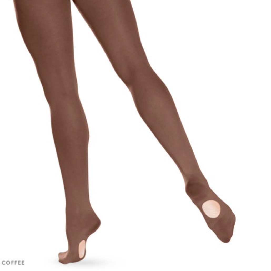 Product photograph showing dancer's legs in coffee-colored stirrup dance tights with exposed heels against a white background featuring the label COFFEE