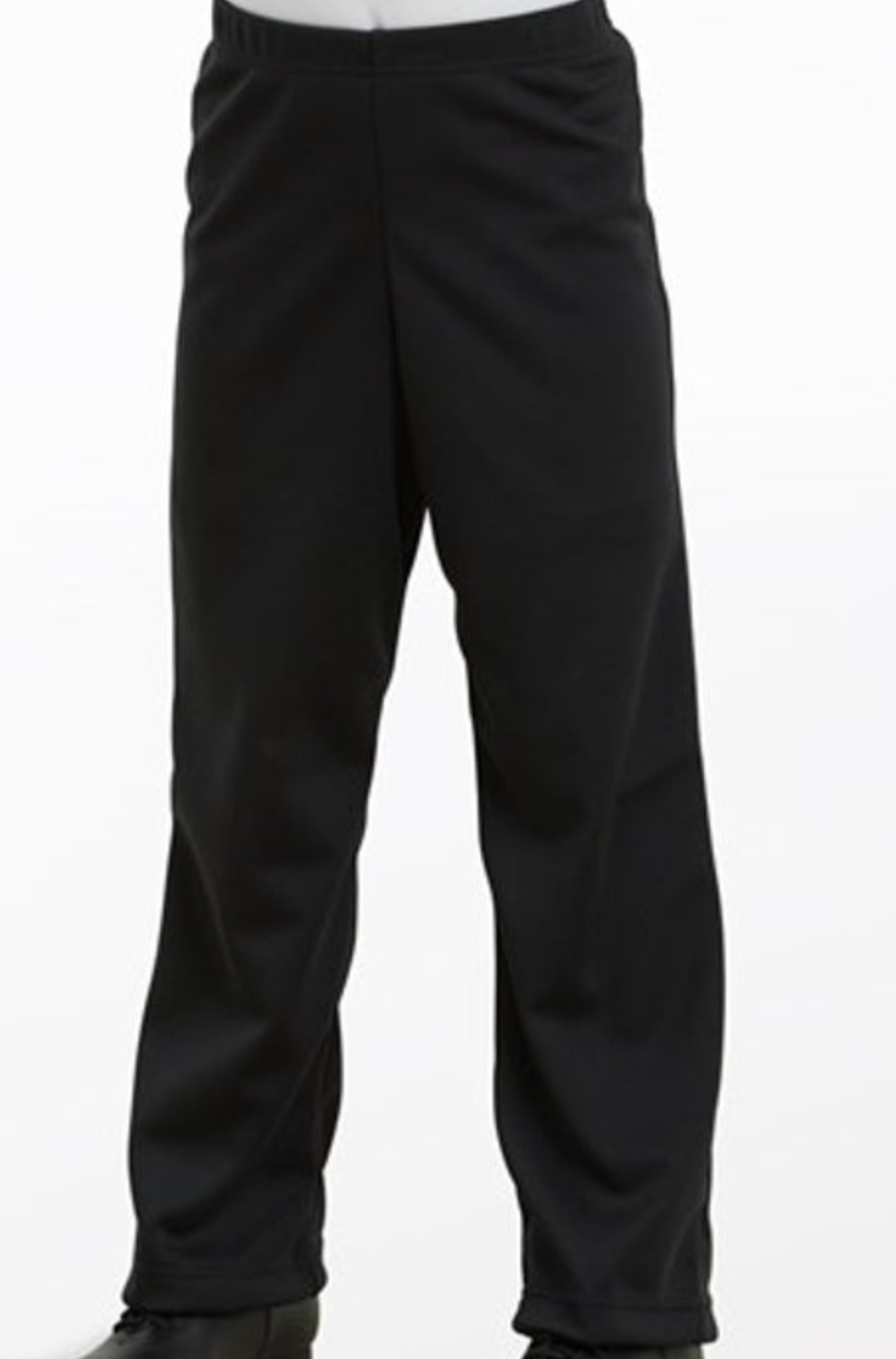 Photograph of black elastic waist dance or casual pants on a person against a plain white studio background featuring a relaxed full length cut