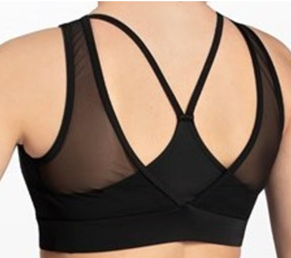 Black sports bra featuring sheer mesh side panels and a multi-strap criss-cross back design