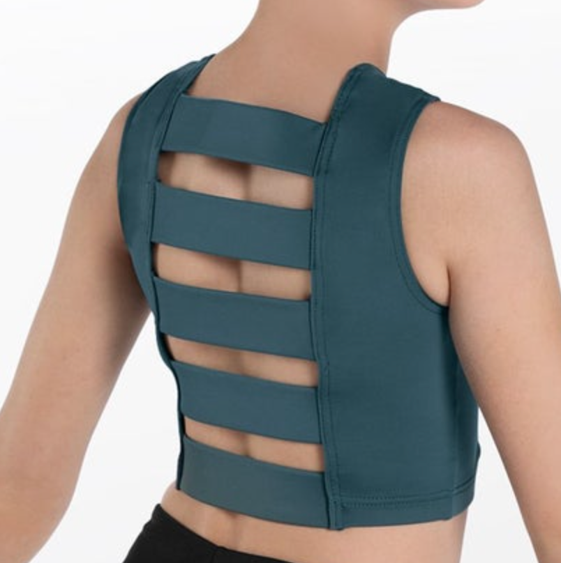 Back view of a person wearing a deep teal sleeveless crop top featuring a ladder-back design with multiple horizontal straps