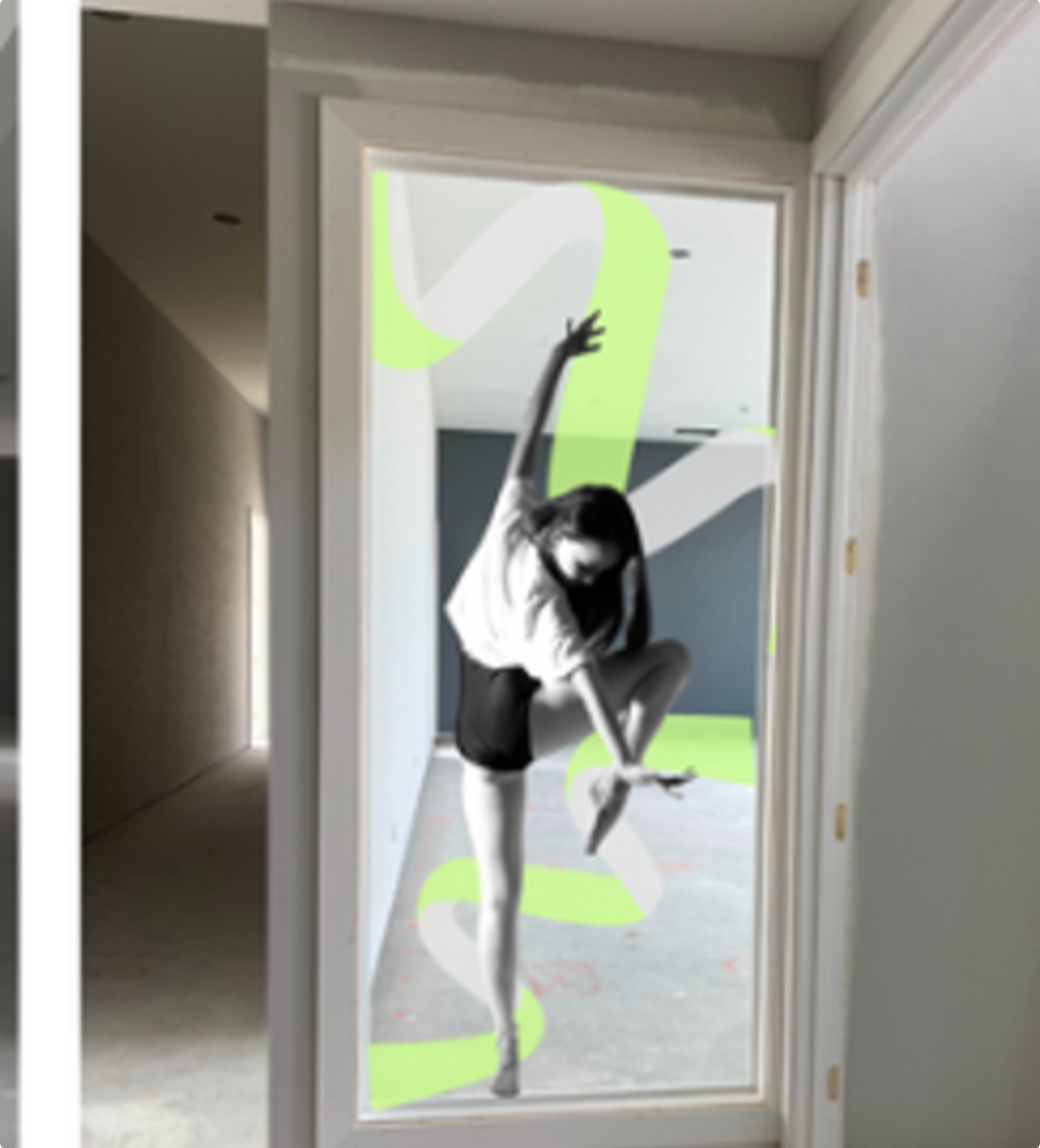 Digital composite of a black and white dancer striking a dynamic pose in an unfinished room, framed by a doorway, with vibrant neon green and white abstract ribbons flowing through the space above a bare concrete floor