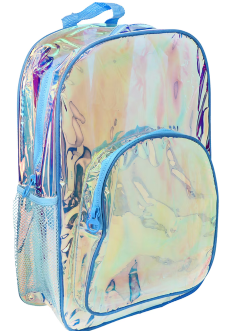 Product photo of a holographic clear backpack featuring light blue trim zippers and a mesh side pocket