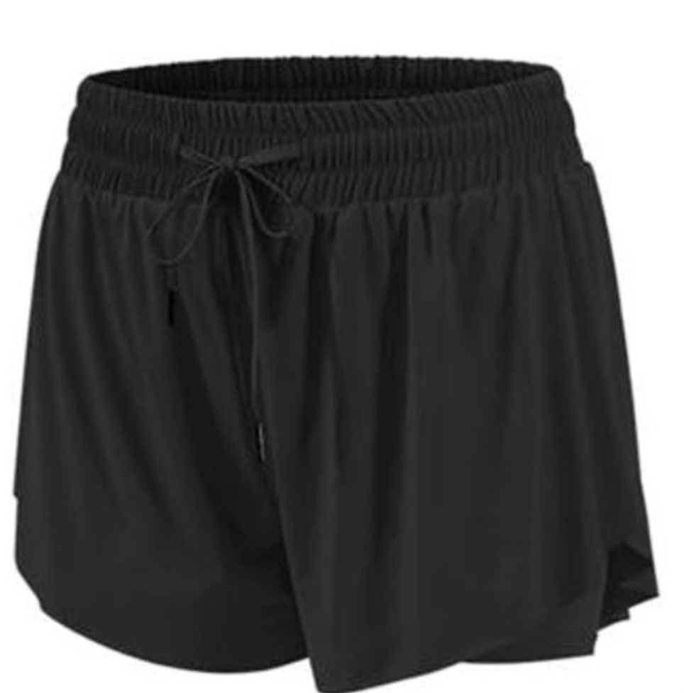 Black athletic running shorts with an elastic drawstring waist and a two-layer design