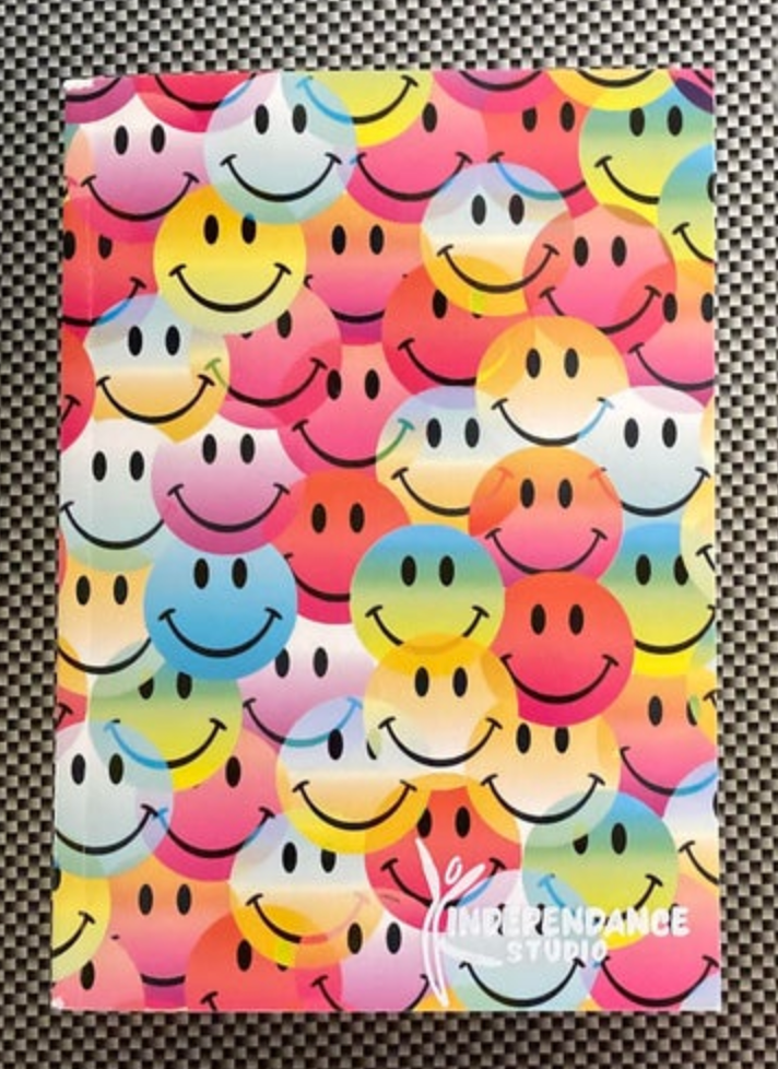 Digital print for INDERENDANCE STUDIO featuring a repeating pattern of colorful gradient and translucent smiley faces on a black and white checkerboard background