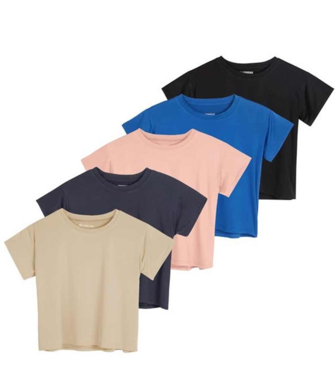 Five short-sleeve t-shirts in a diagonal stack, showcasing plain beige, navy, pastel pink, vibrant blue, and black colors on a white studio background