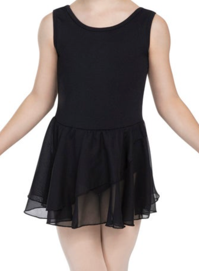 Young dancer modeling a black sleeveless leotard with an attached two-layer sheer black chiffon wrap skirt and light dance tights