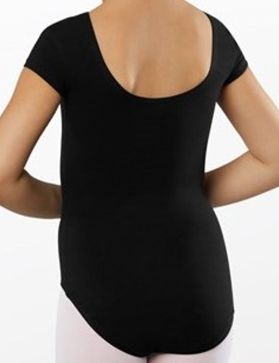 Photograph of a young dancer from behind wearing a black short-sleeve leotard with a deep scoop back and light pink tights