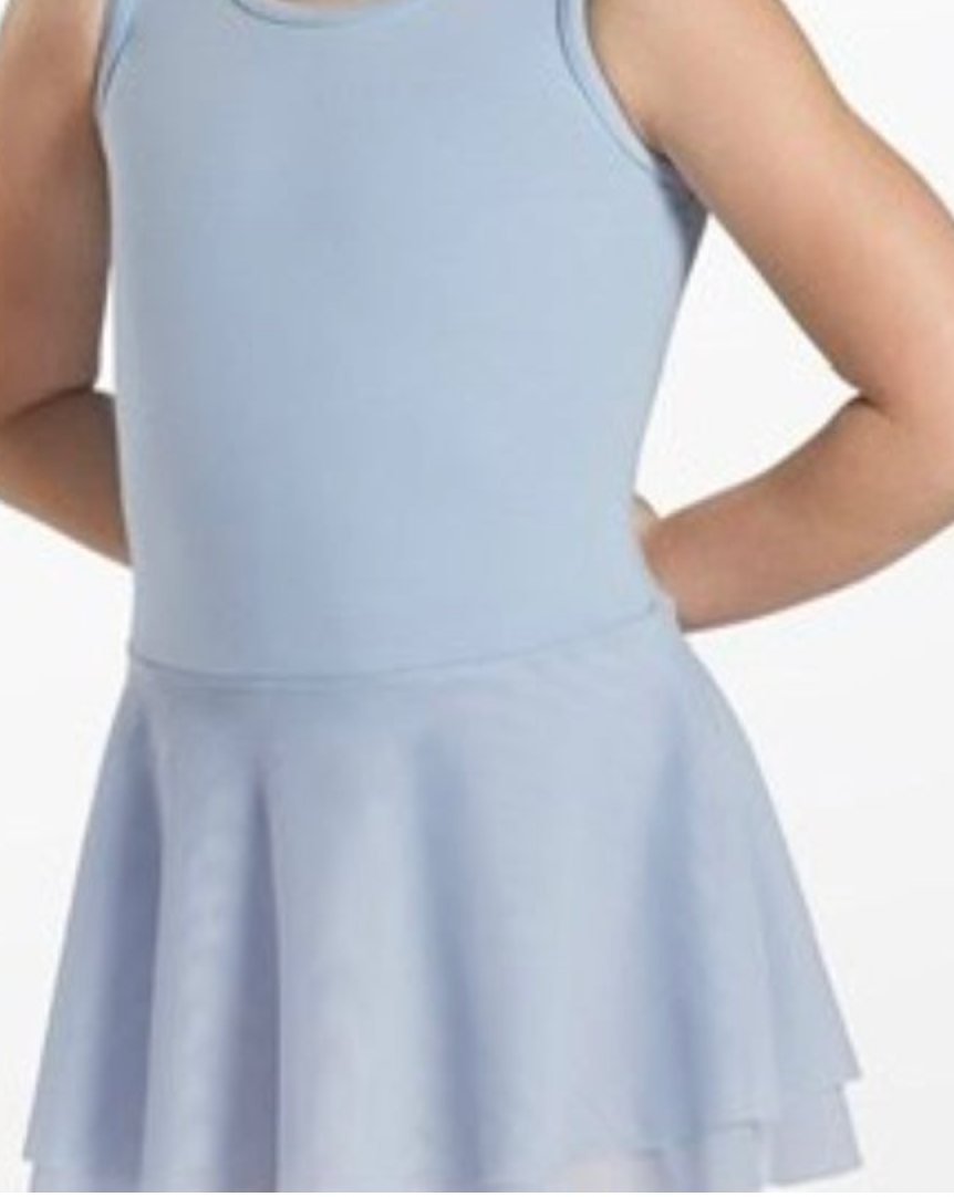 A child in a light blue sleeveless dance leotard with a matching tiered flowy skirt