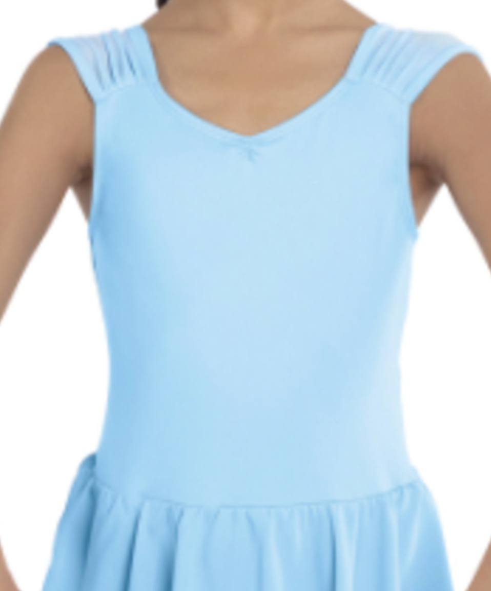 Photograph of a light blue youth dance leotard featuring a V-neckline with a delicate center bow ruched cap sleeves and an attached pleated skirt