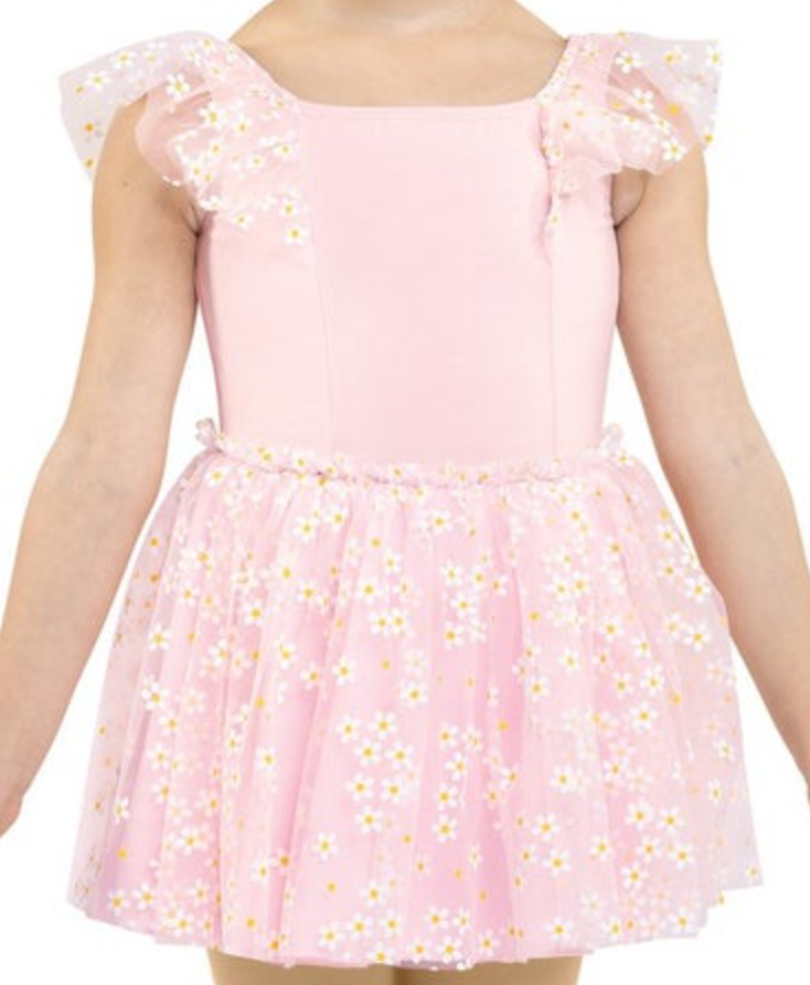Child's light pink dance dress featuring a leotard top with sheer ruffled sleeves and a daisy-patterned tutu skirt