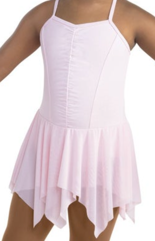 A model wearing a light pink sleeveless lyrical dance costume featuring a ruched front leotard top and a flowy asymmetrical chiffon skirt