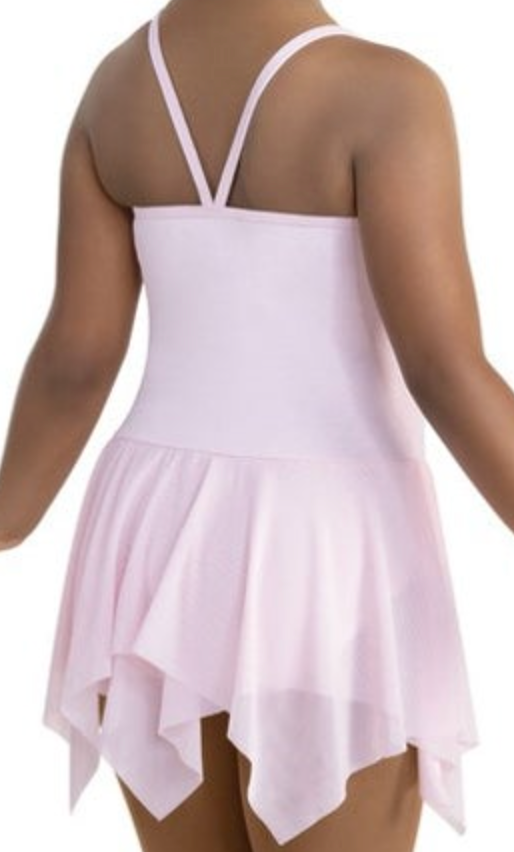 Rear view of a person wearing a light pink dance dress featuring a V-strap back and a flowing asymmetrical handkerchief hem skirt