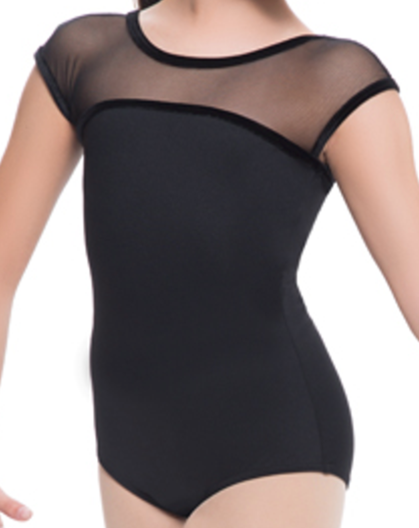 Mesh Cap Sleeve Bow Back Leotard: Black