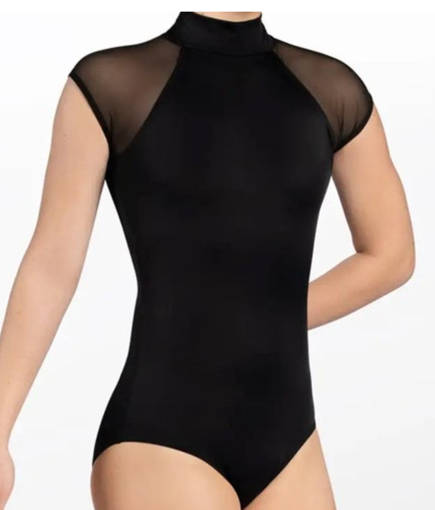 Black dance leotard featuring a mock neck, sheer mesh cap sleeves, and sleek stretch fabric