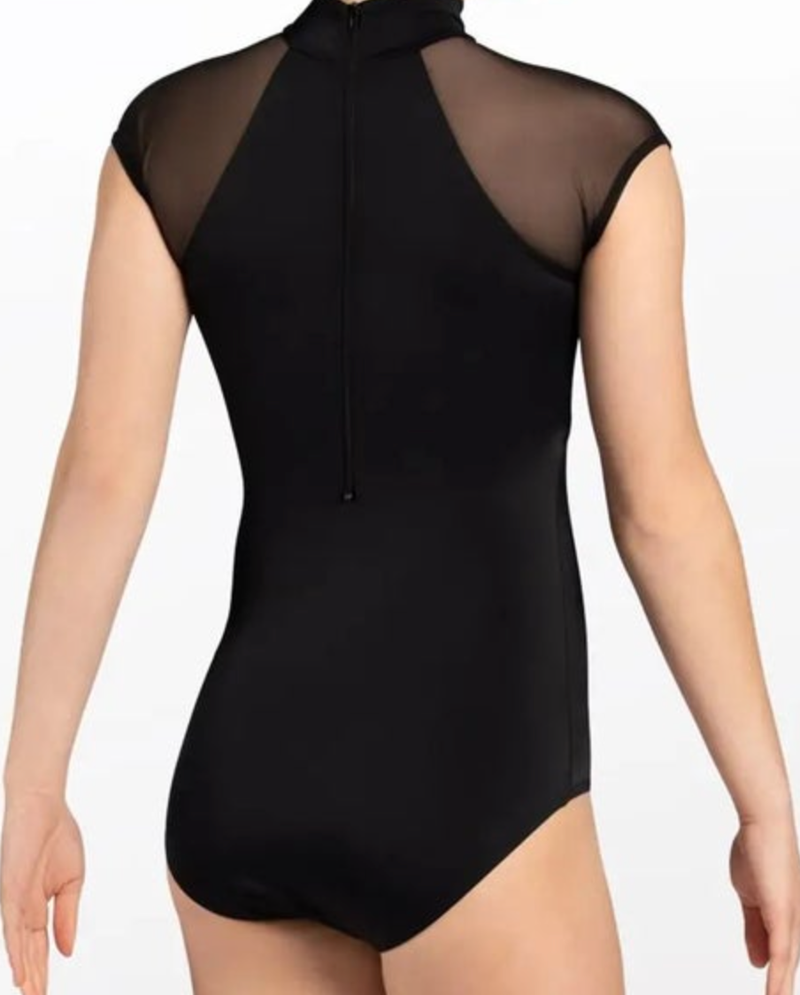 Photograph of a black women's leotard viewed from the back, featuring transparent mesh cap sleeves, a high mock neck, and a full-length back zipper