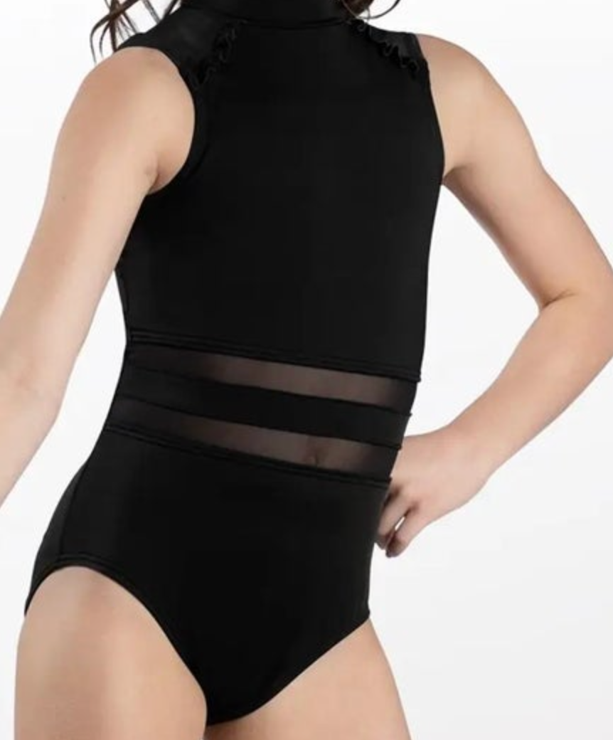 Mock-neck Ruffle Trim Leotard: Black