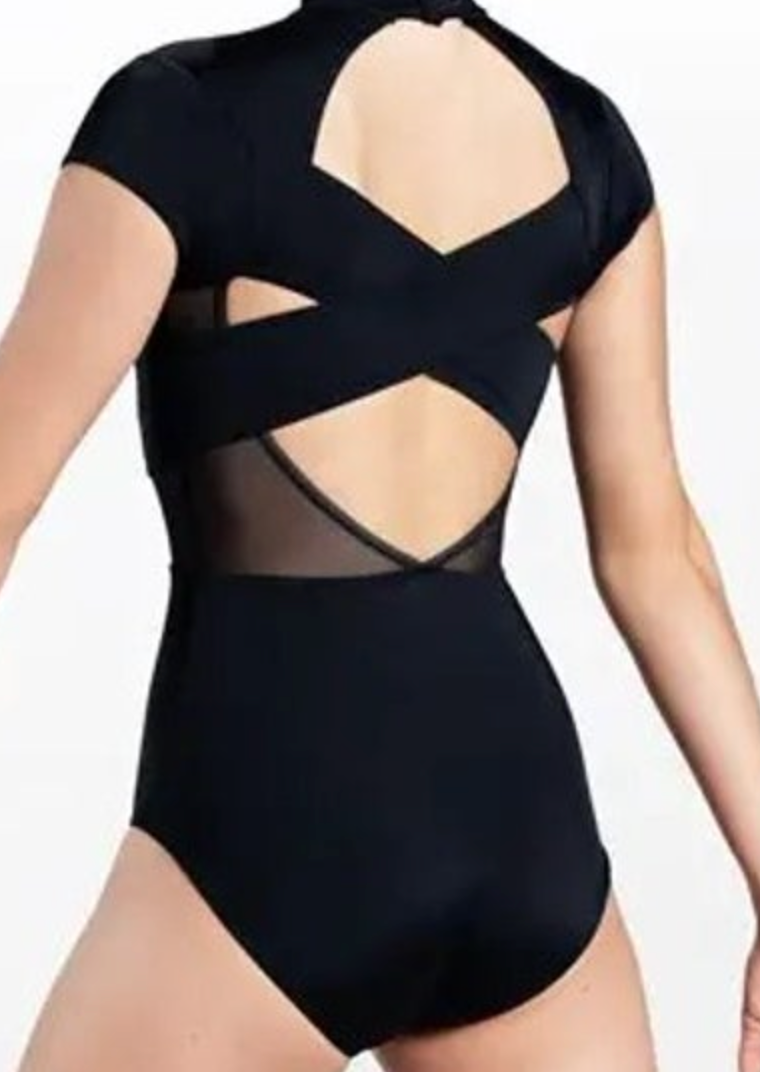 Mock Neck Crossback Leotard: Black