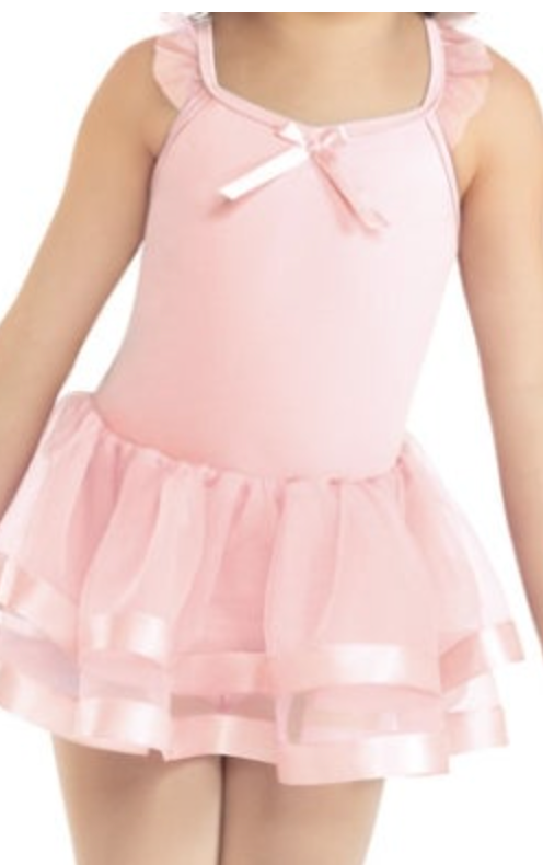 Product photo of a child's pink ballet leotard with ruffled shoulder straps and a white bow, featuring a matching tiered pink tulle skirt with satin ribbon trim