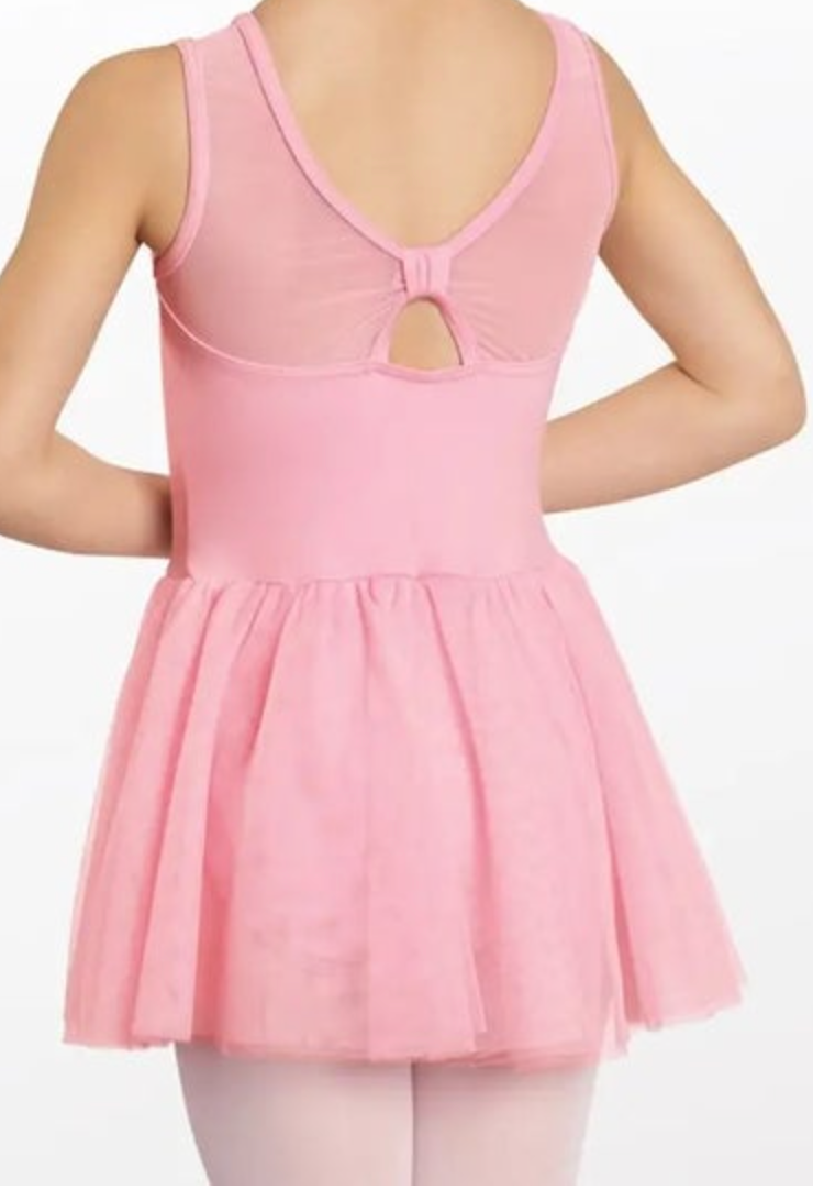 A young dancer from the back wearing a vibrant pink ballet leotard featuring a sheer mesh back with a bow detail and a full layered tutu skirt
