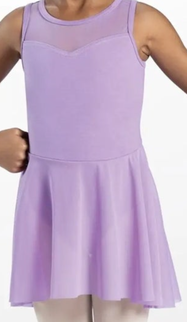 A child wears a lavender sleeveless leotard dance dress featuring a mesh sweetheart neckline and an attached full skirt over light colored tights