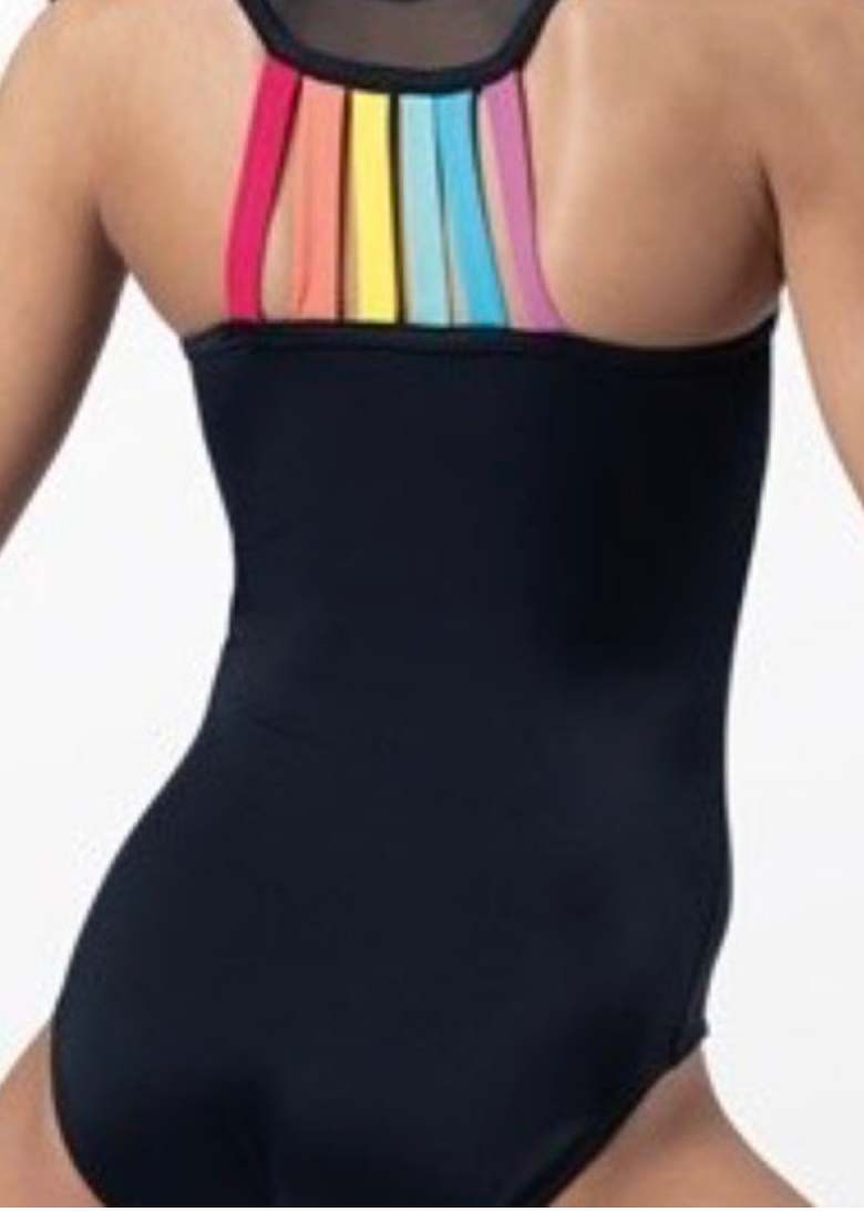 Photography of a black leotard featuring a sheer mesh panel and vibrant rainbow-colored back straps in pink, orange, yellow, blue, and purple worn by a person